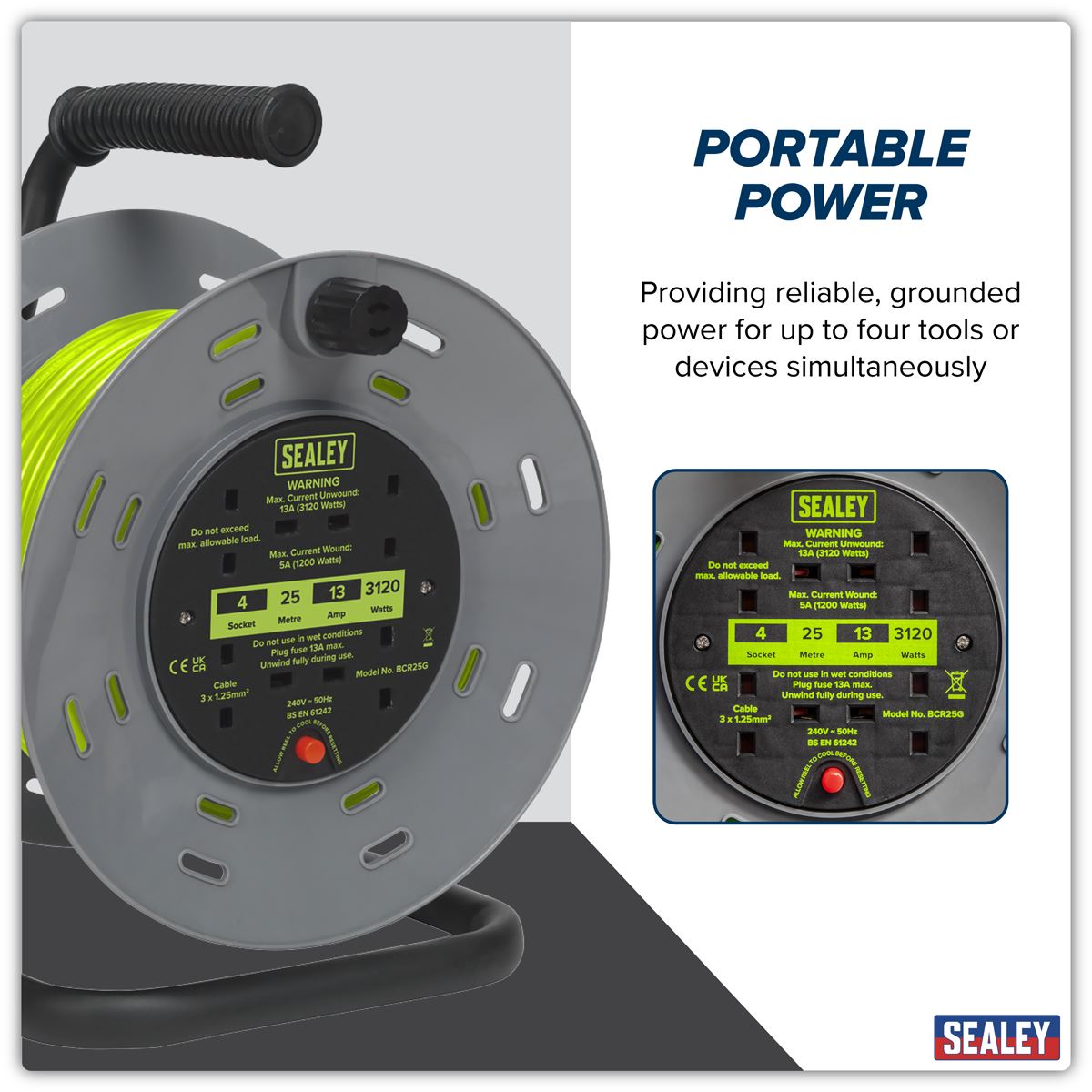 Sealey Cable Reel with Thermal Trip 4 x 230V Sockets 25m - Green BCR25G
