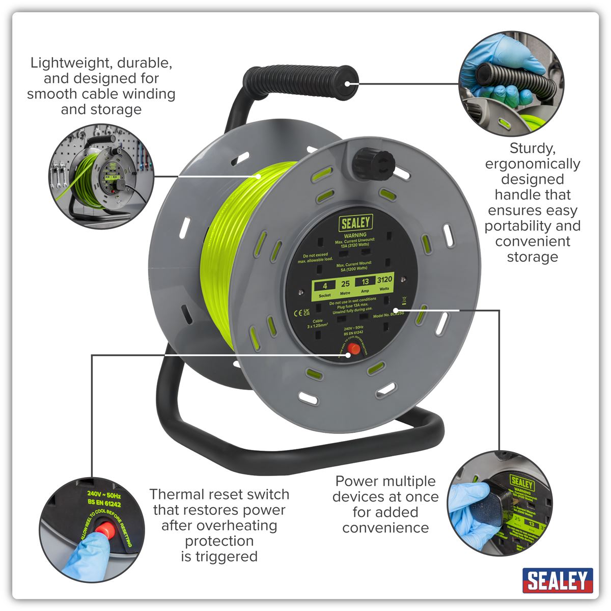 Sealey Cable Reel with Thermal Trip 4 x 230V Sockets 25m - Green BCR25G