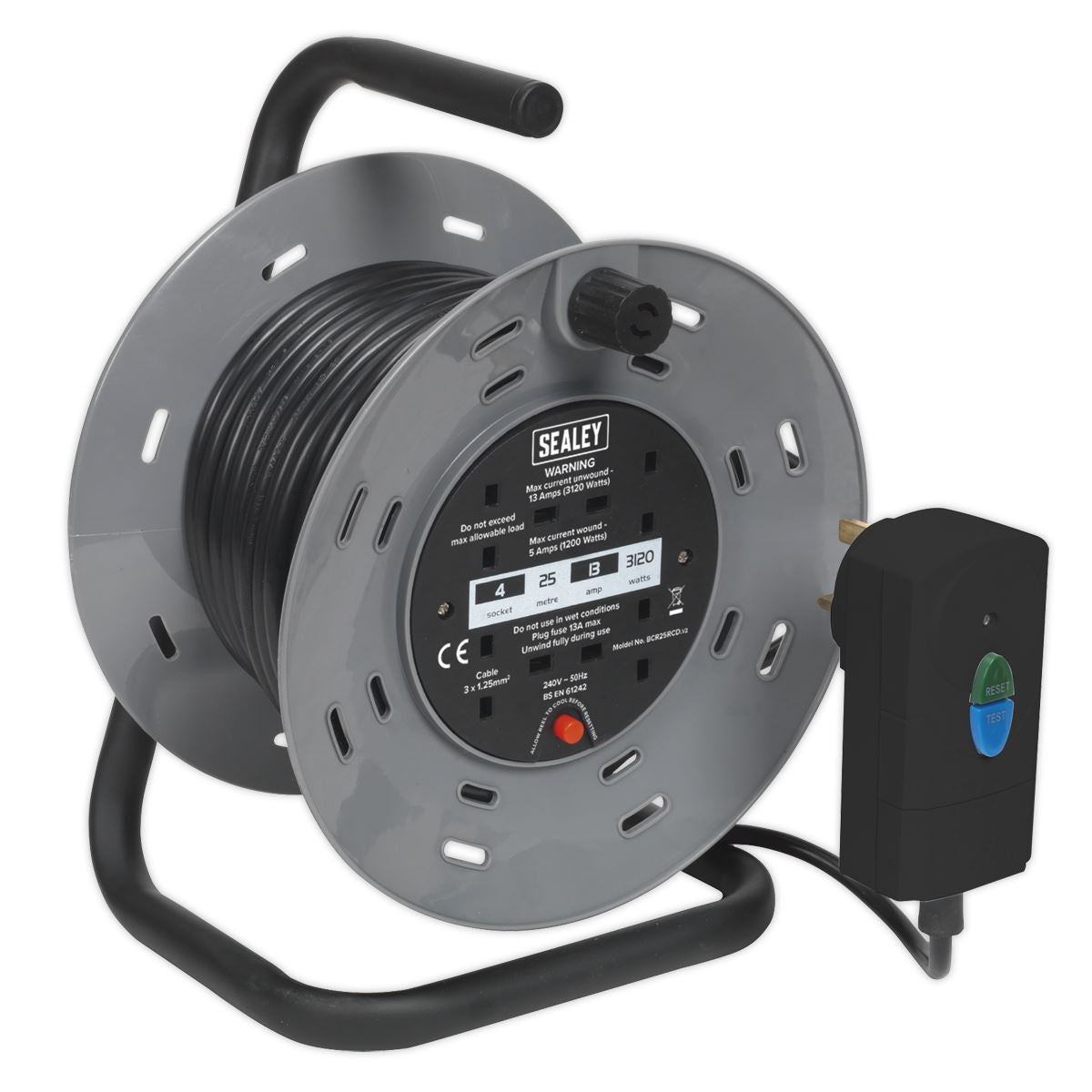 Sealey Cable Reel 25m 4 x 230V 1.25mm� Thermal Trip with RCD Plug BCR25RCD