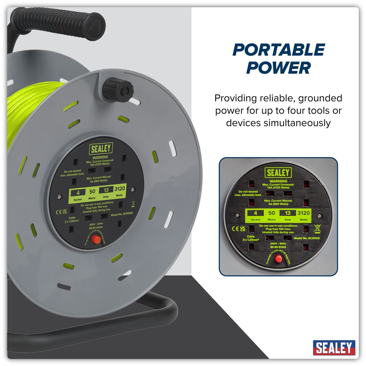 Sealey Cable Reel with Thermal Trip 4 x 230V Sockets 50m - Green BCR50G