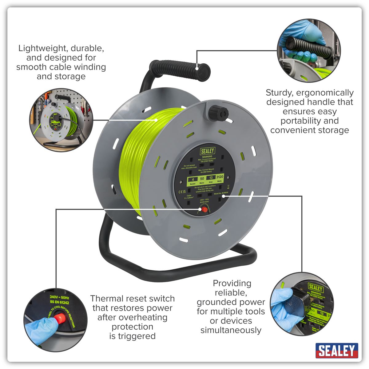 Sealey Cable Reel with Thermal Trip 4 x 230V Sockets 50m - Green BCR50G