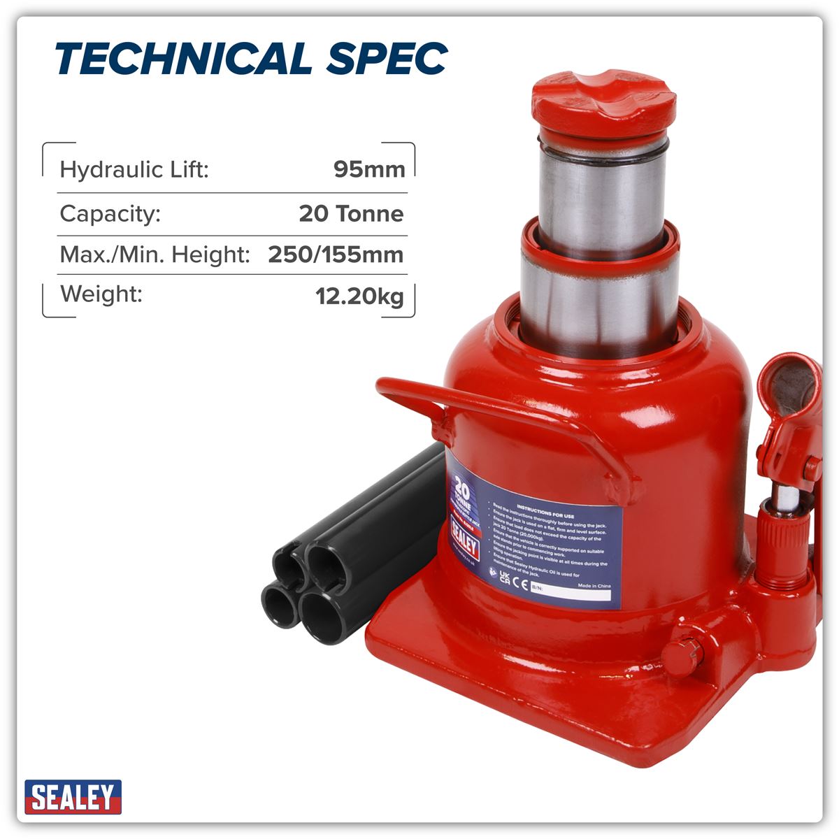 Sealey Bottle Jack 20 Tonne Low Profile Telescopic BJ20LE