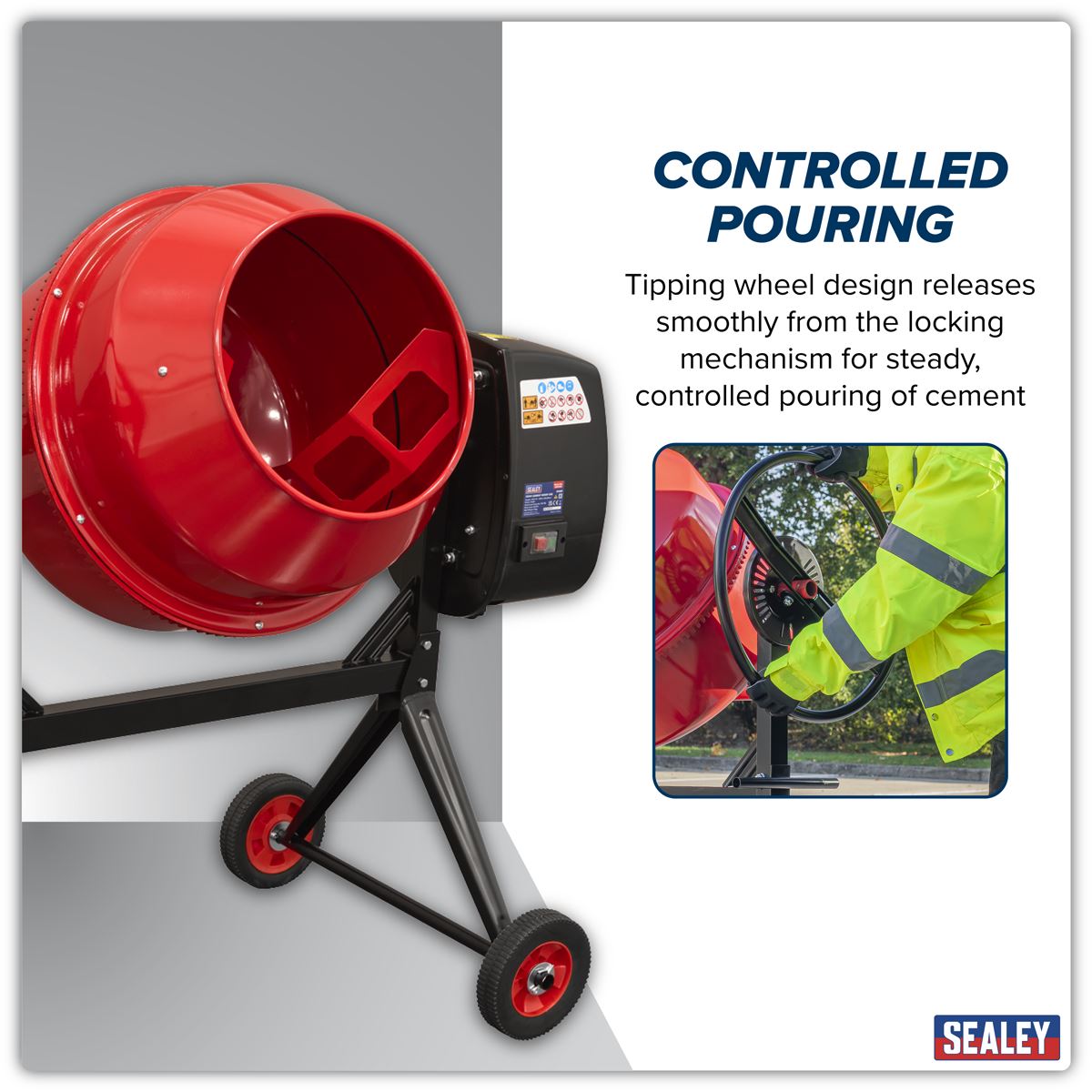 Sealey Cement Mixer & Stand 125L 230V 550W Drum Mouth 385mm 26 rev/min CMX125