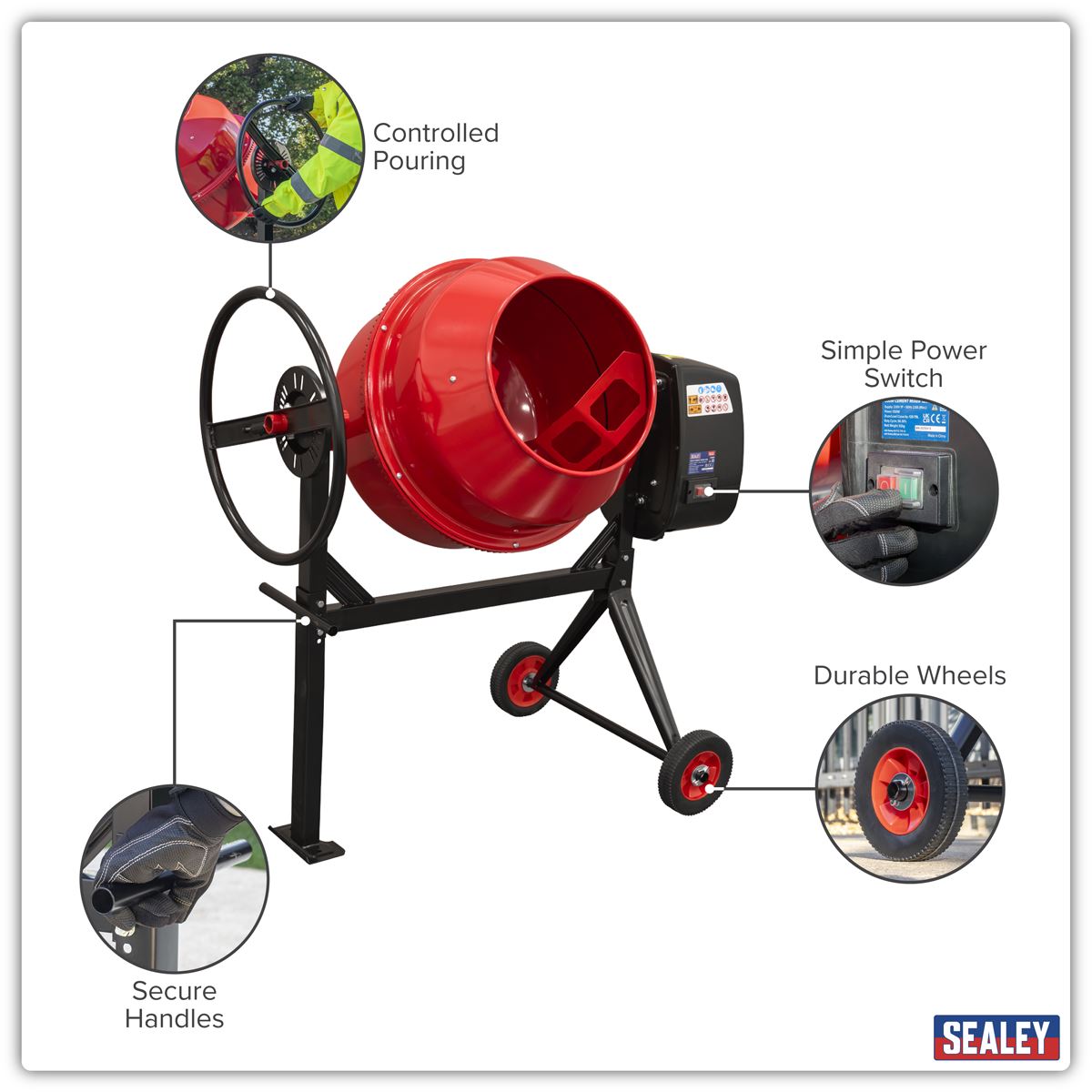 Sealey Cement Mixer & Stand 125L 230V 550W Drum Mouth 385mm 26 rev/min CMX125