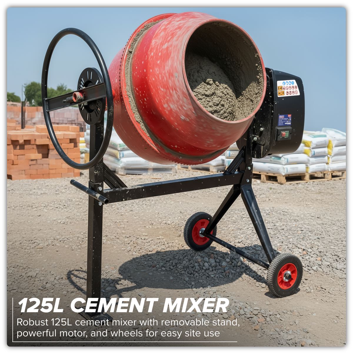 Sealey Cement Mixer & Stand 125L 230V 550W Drum Mouth 385mm 26 rev/min CMX125
