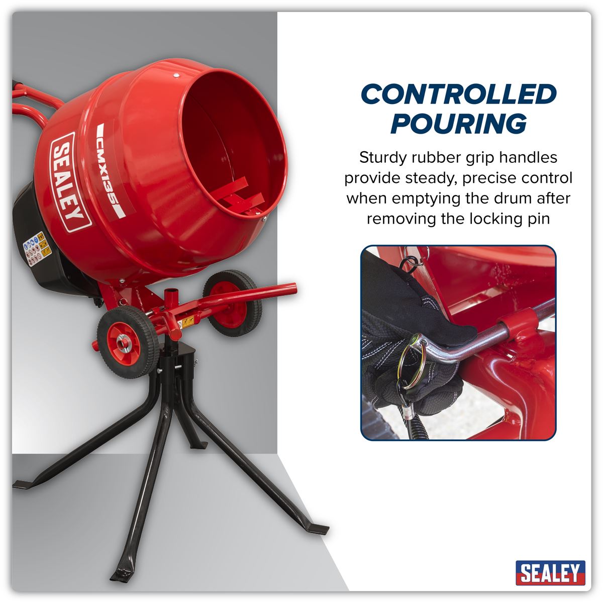 Sealey Cement Mixer & Stand 135L 550W 230V Drum Mouth 385mm 25 rev/min CMX135