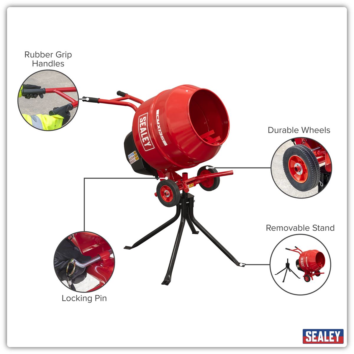 Sealey Cement Mixer & Stand 135L 550W 230V Drum Mouth 385mm 25 rev/min CMX135