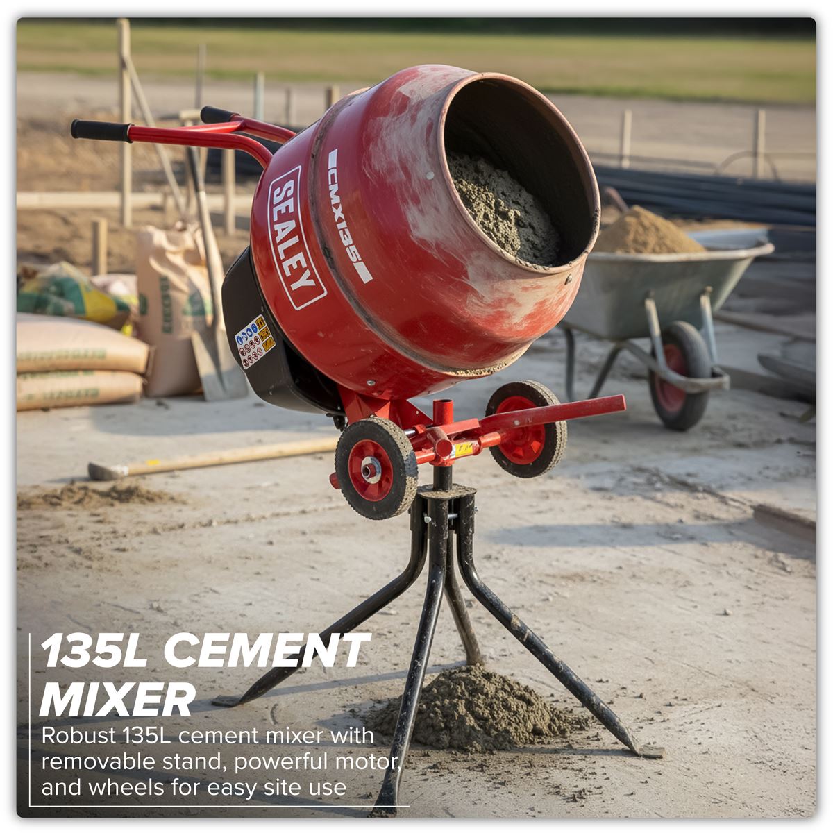 Sealey Cement Mixer & Stand 135L 550W 230V Drum Mouth 385mm 25 rev/min CMX135
