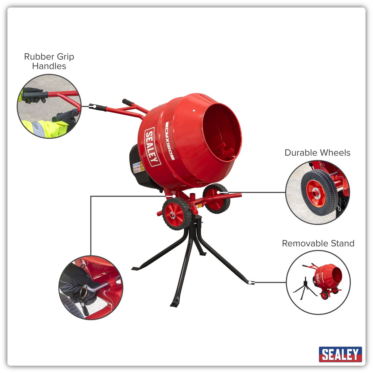 Sealey Cement Mixer & Stand 160L 230V 650W Drum Mouth 385mm 26 rev/min CMX160