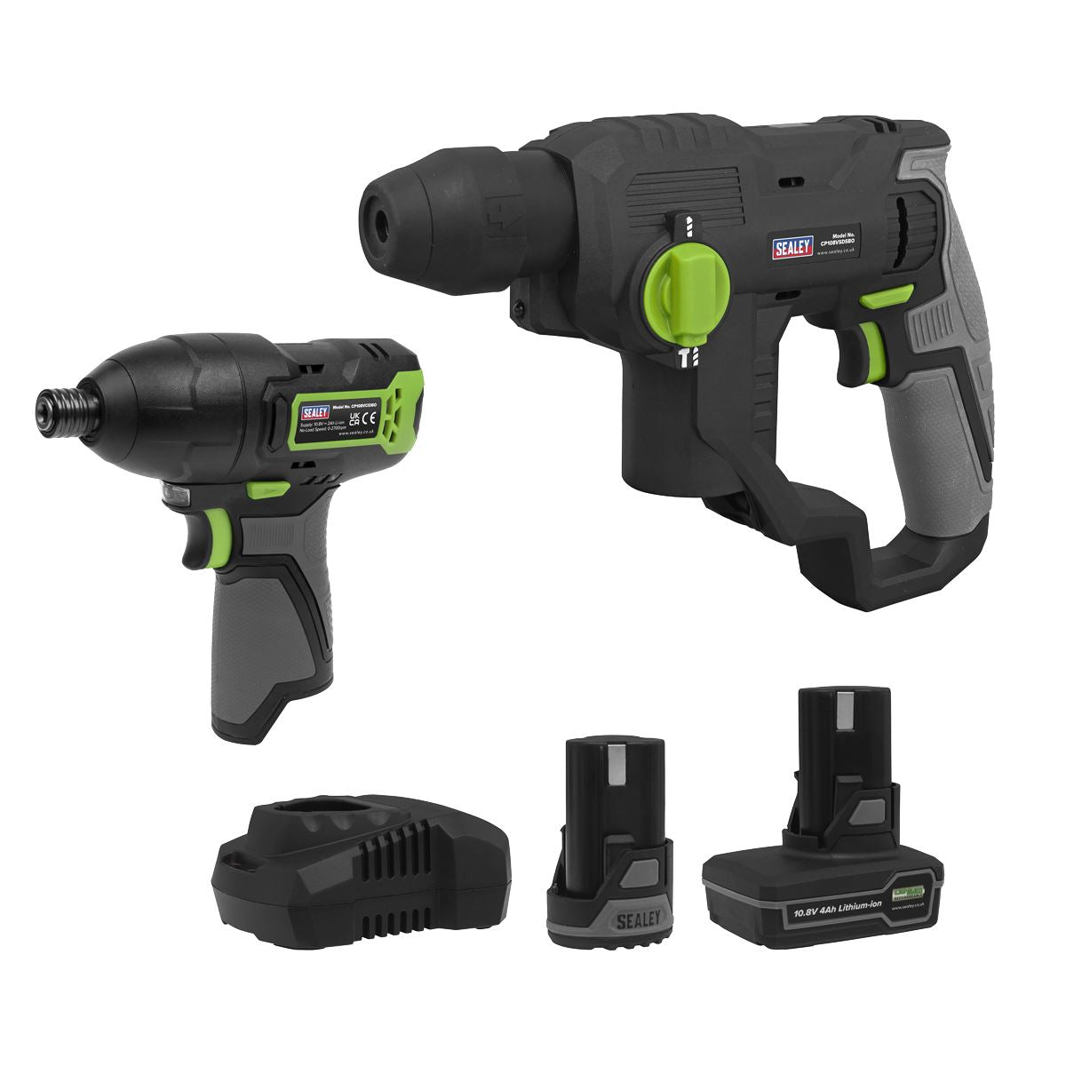 Sealey 2 x 10.8V SV10.8 Series Rotary Hammer Drill & Impact Driver Kit - 2 Batteries & Euro Plug CP108VCOMBO4EU