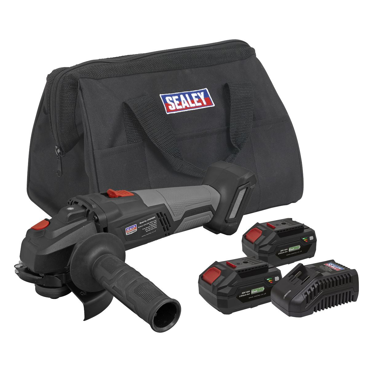 Sealey Premier SV20 Series 115mm Brushless Cordless Angle Grinder Kit 20V 4Ah - 2 Batteries & Euro Plug CP20VAGXKITEU