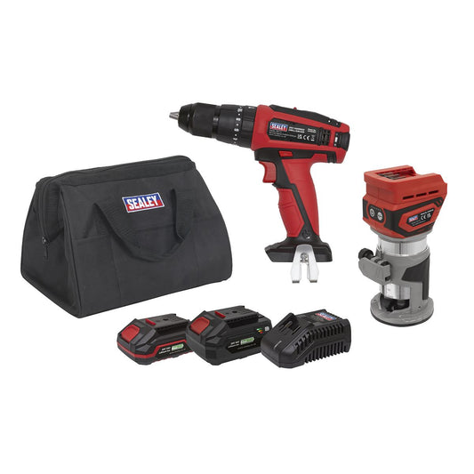 Sealey Cordless Router & Combi Drill Kit 2 Batts 2 x 20V Series CP20VCOMBO12