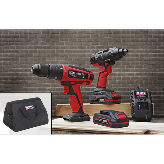 Sealey 2x 20V SV20 Series Cordless �13mm Combi Drill & 1/4"Hex Drive Impact Driver Combo Kit CP20VDDCOMBO