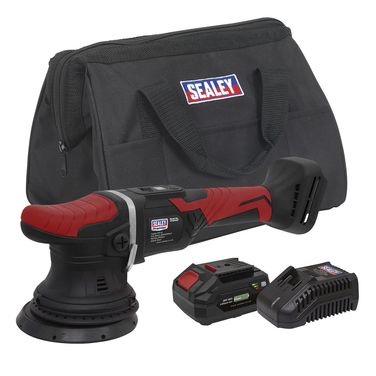 Sealey Premier SV20 Series 125mm Cordless Orbital Polisher Kit 20V 4Ah - Euro Plug CP20VOPKITEU