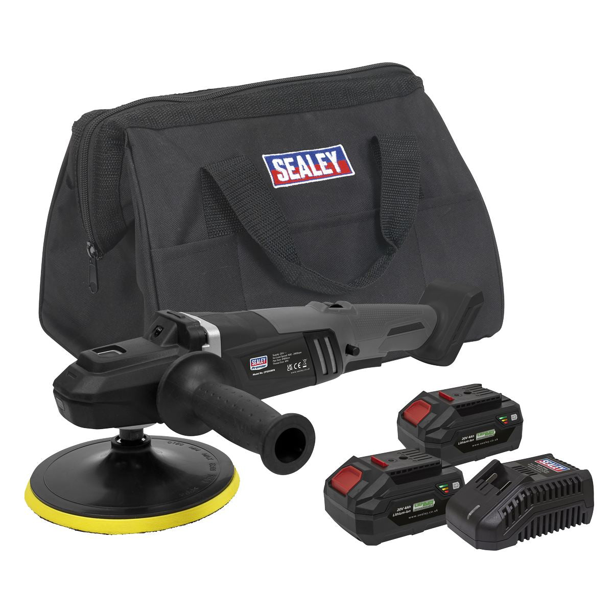 Sealey Premier SV20 Series 180mm Brushless Cordless Rotary Polisher 20V 4Ah - 2 Batteries & Euro Plug CP20VRPXKITEU