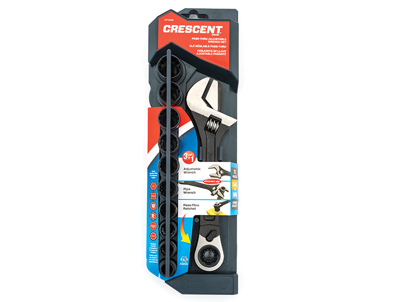 Crescent Pass Thru Adjustable Wrench Set 11 Piece With Combo Sockets CRECPTAW8