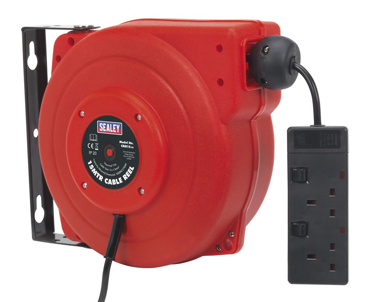Sealey Cable Reel System Retractable 15m 2 x 230V Socket CRM15