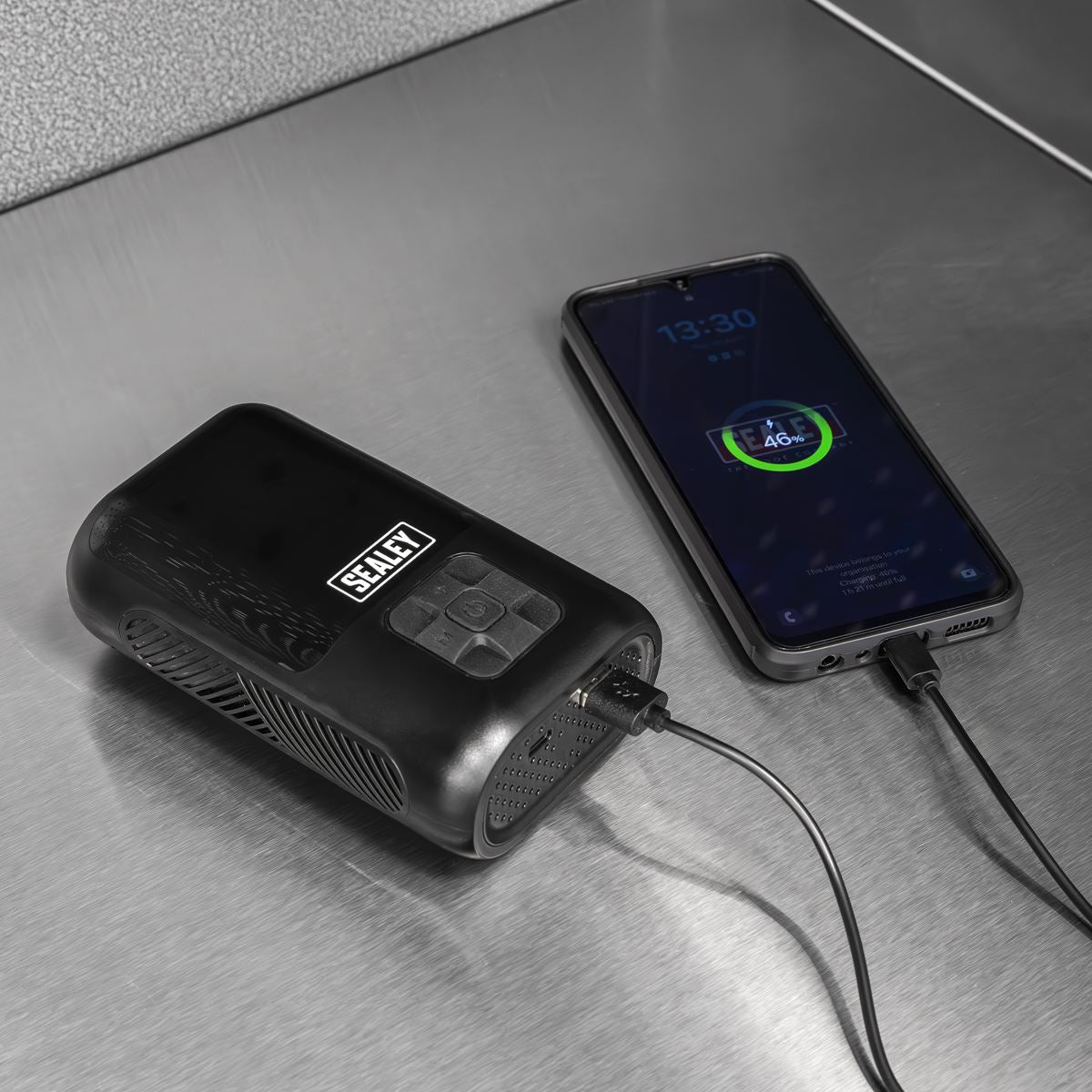 Sealey Tyre Inflator & Power Bank with Worklight Rechargeable USB Output CTI130