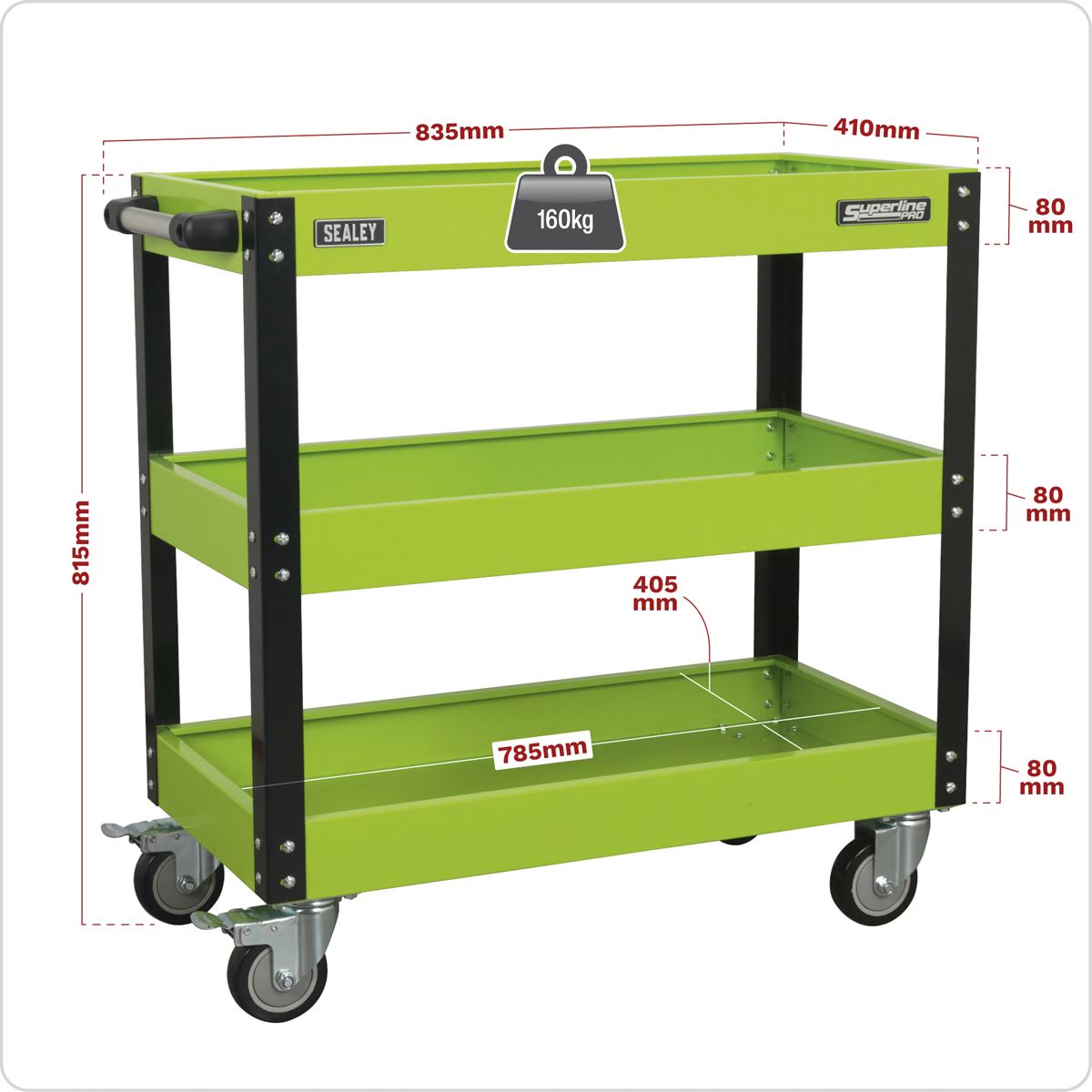 Sealey Workshop Trolley 3-Level Heavy-Duty - Hi-Vis Green CX110HV
