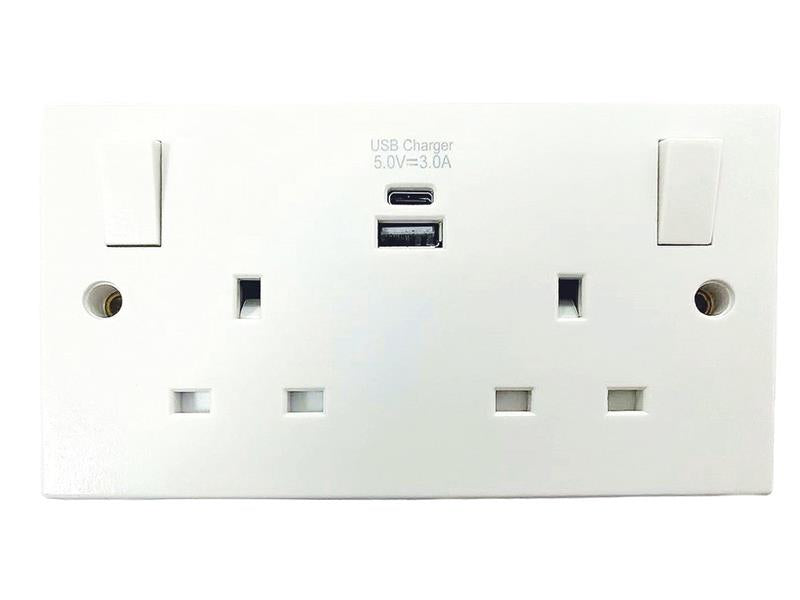 Dencon Switched Socket 2 Gang With 2 USB A/C Ports 13A White DCN4420NB