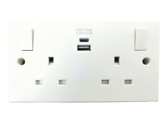 Dencon Switched Socket 2 Gang With 2 USB A/C Ports 13A White DCN4420NB