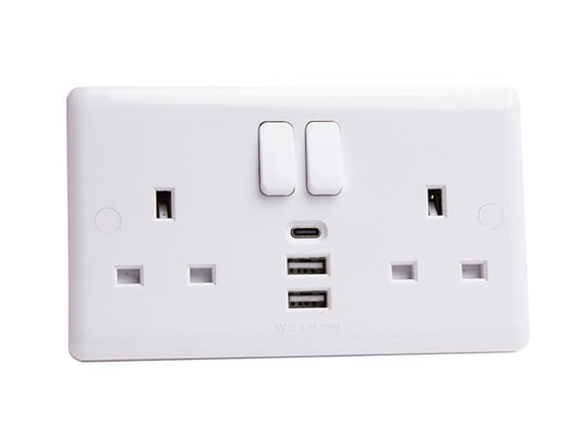 Deta Vimark Switched Socket 2-Gang + 3 USB Ports 13A DETVC1288