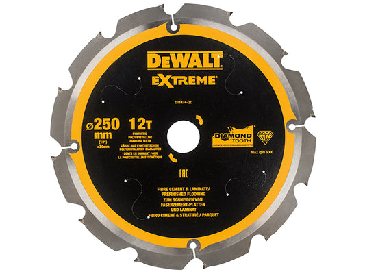 DEWALT Extreme PCD Fibre Cement Saw Blade 250 x 30mm x 12T DEWDT1474QZ
