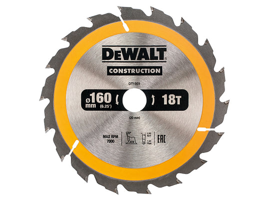 DEWALT Portable Construction Circular Saw Blade 160 x 20mm x 18T DEWDT1931QZ