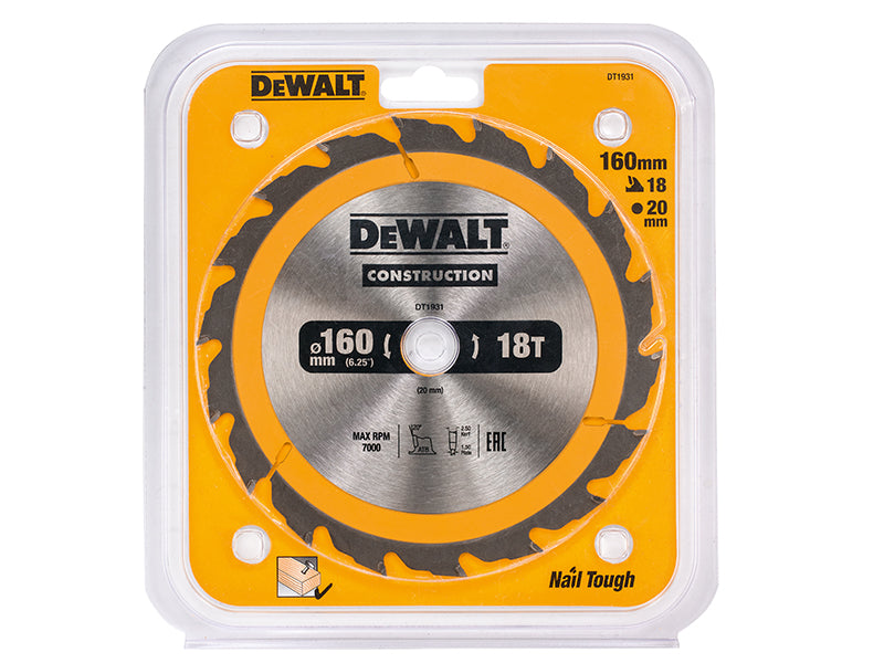 DEWALT Portable Construction Circular Saw Blade 160 x 20mm x 18T DEWDT1931QZ