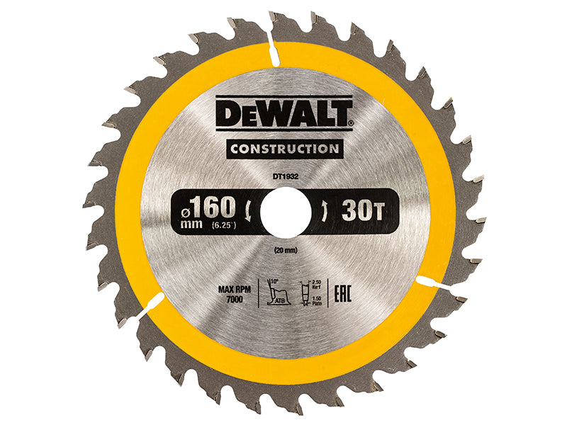 DEWALT Portable Construction Circular Saw Blade 160 x 20mm x 30T DEWDT1932QZ