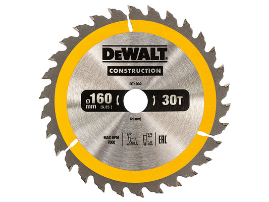 DEWALT Portable Construction Circular Saw Blade 160 x 20mm x 30T DEWDT1932QZ