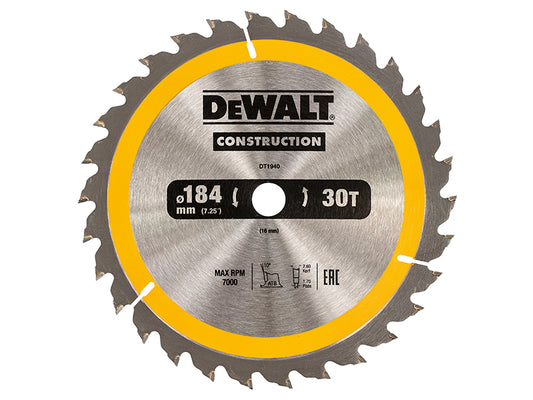 DEWALT Portable Construction Circular Saw Blade 184 x 16mm x 30T DEWDT1940QZ