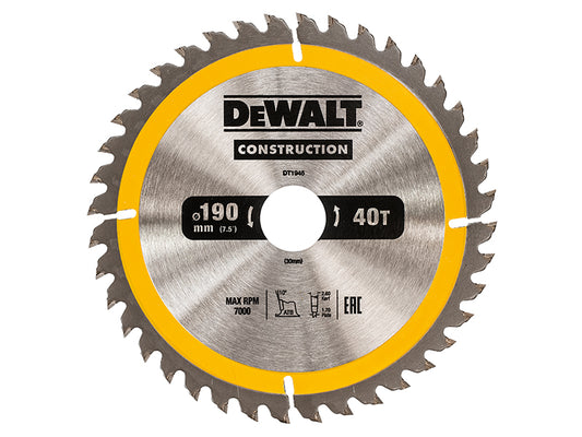 DEWALT Portable Construction Circular Saw Blade 190 x 30mm x 40T DEWDT1945QZ