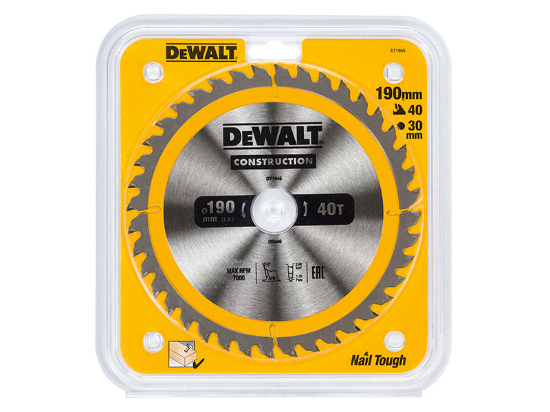 DEWALT Portable Construction Circular Saw Blade 190 x 30mm x 40T DEWDT1945QZ