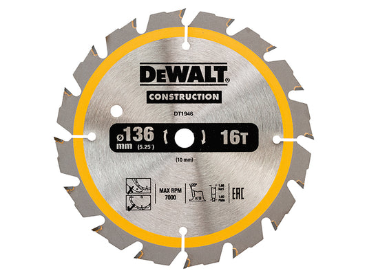 DEWALT Cordless Construction Trim Saw Blade 136 x 10mm x 16T DEWDT1946QZ