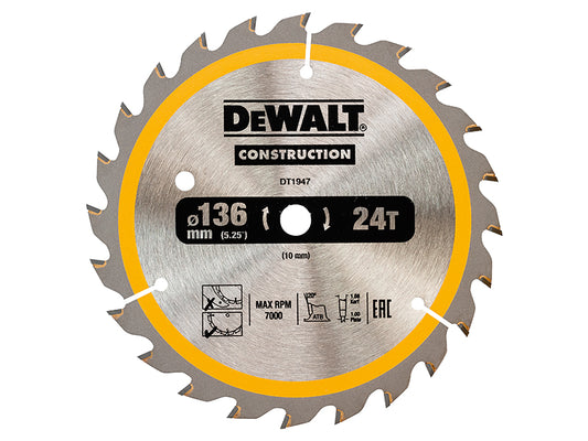 DEWALT Cordless Construction Trim Saw Blade 136 x 10mm x 24T DEWDT1947QZ