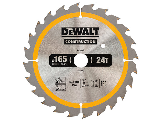 DEWALT Cordless Construction Trim Saw Blade 165 x 20mm x 24T DEWDT1949QZ
