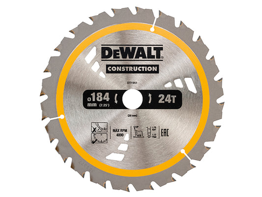 DEWALT Construction Trim Saw Blade 184 x 20mm x 24T Kerf 1.79mm DEWDT1951QZ