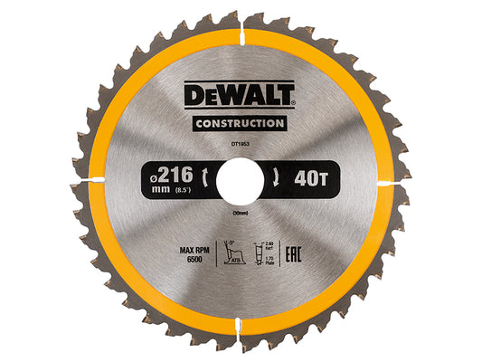 DEWALT Stationary Construction Circular Saw Blade 216 x 30mm x 40T ATB/Neg DEWDT1953QZ
