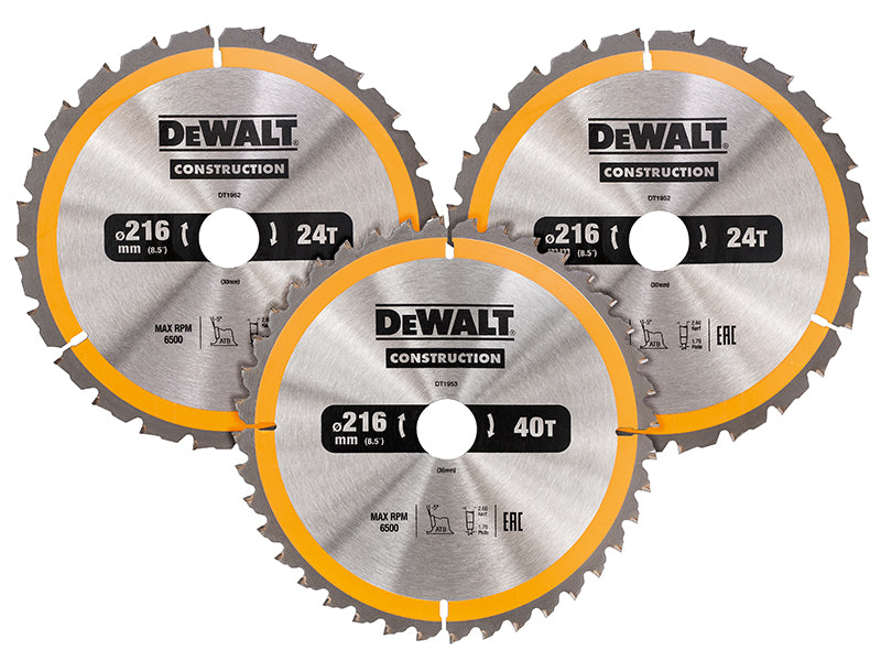 DEWALT DT1962 Construction Circular Saw Blade 3 Pack 216 x 30mm 2 x 24T 1 x 40T DEWDT1962QZ