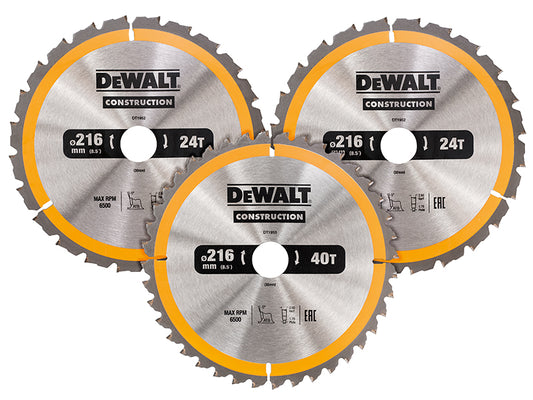 DEWALT DT1962 Construction Circular Saw Blade 3 Pack 216 x 30mm 2 x 24T 1 x 40T DEWDT1962QZ