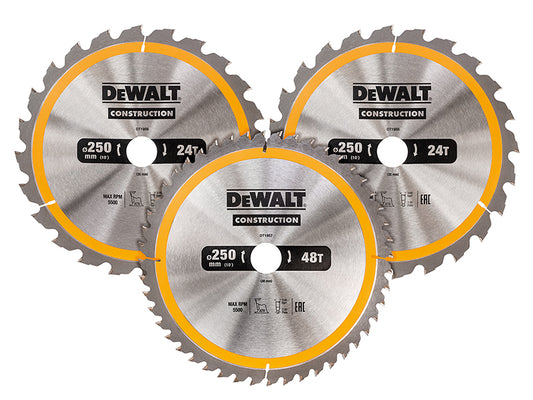 DEWALT DT1963 Construction Circular Saw Blade 3 Pack 250 x 30mm x 24T/48T DEWDT1963QZ