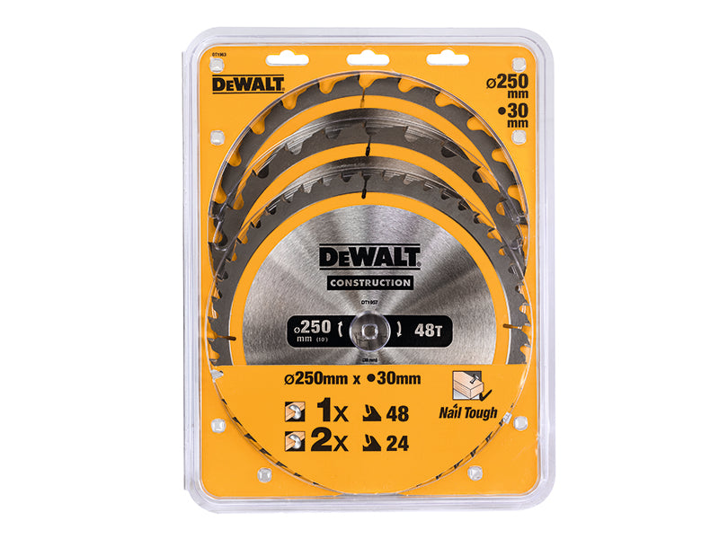 DEWALT DT1963 Construction Circular Saw Blade 3 Pack 250 x 30mm x 24T/48T DEWDT1963QZ