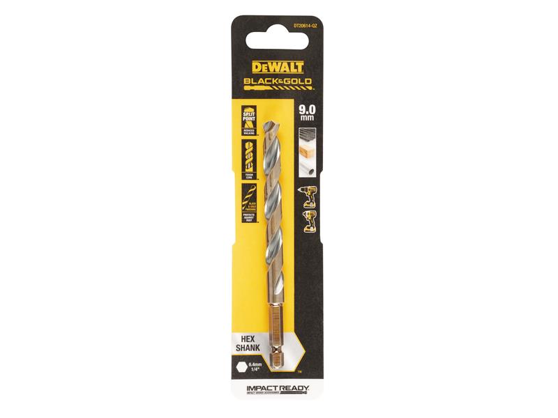 DEWALT BLACK&GOLD 1/4" Hex Shank HSS-G Drill Bit 9.0mm DEWDT20614QZ