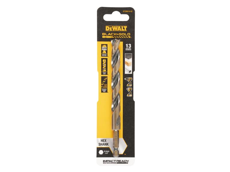DEWALT BLACK&GOLD 1/4" Hex Shank HSS-G Drill Bit 13.0mm DEWDT20619QZ
