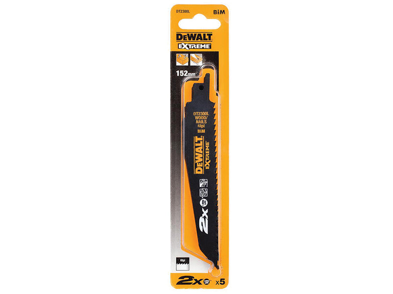 DEWALT 2X Life Wood & Nail Reciprocating Blade 152mm x 6 TPI Pack of 5 DEWDT2300LQZ