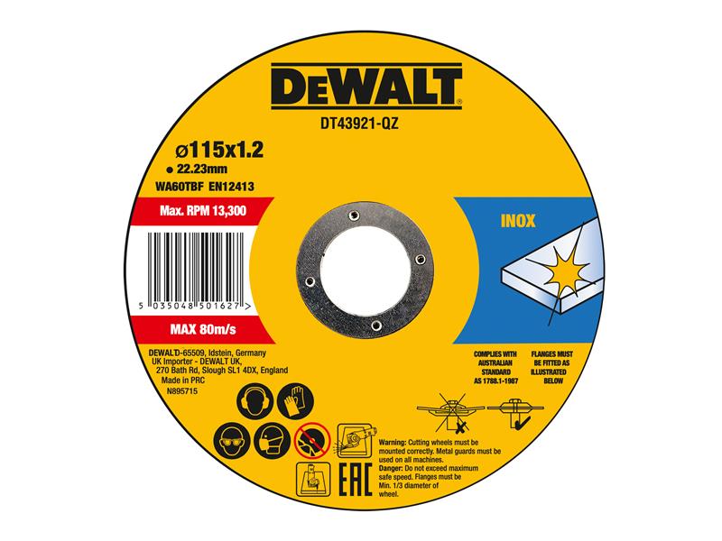 DEWALT DT43921 Metal Cut Off Disc 115 x 1.2 x 22.23mm (Pack 10) DEWDT43921QZ