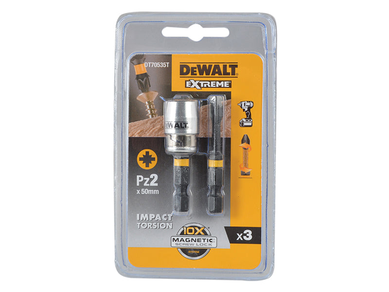 DEWALT Impact Torsion Bits PZ2 x 50mm (x2) and Magnetic Screwlock Sleeve DEWDT70535T