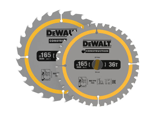 DEWALT Construction Circular Saw Blade 2 Pack 165 x 20mm x 24T/36T DT90270