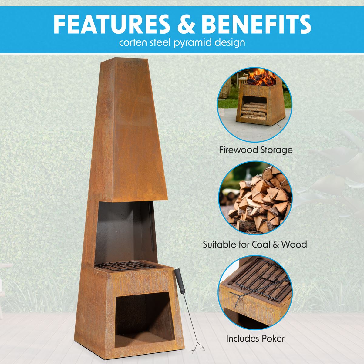 Sealey Dellonda Outdoor Chiminea Fireplace Heater Firewood Storage - Corten Steel DG108